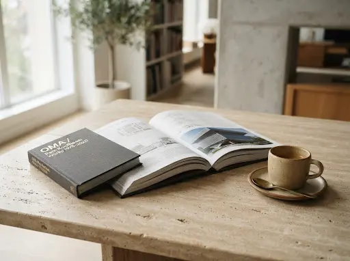Hardcover architectural monograph open on a sunny travertine table.