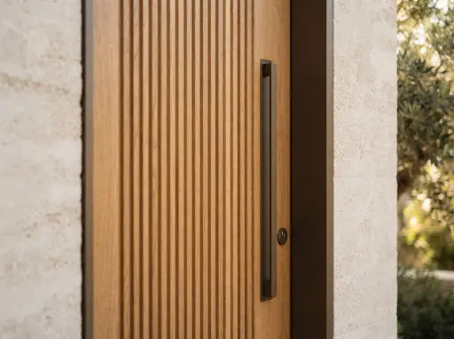 Close-up of fluted natural oak door with vertical grooves and dark bronze hardware.