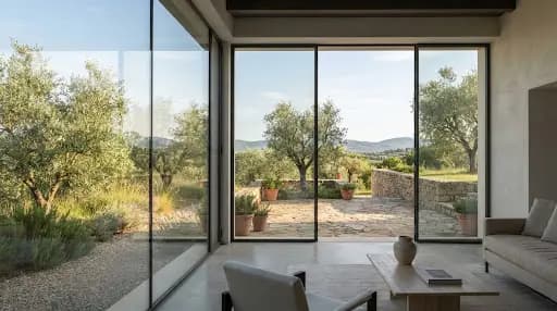 Ultra-slim panoramic sliding glass doors opening to a travertine terrace and pool.