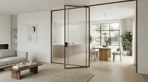 Frameless concealed door integrated into continuous travertine wall paneling.